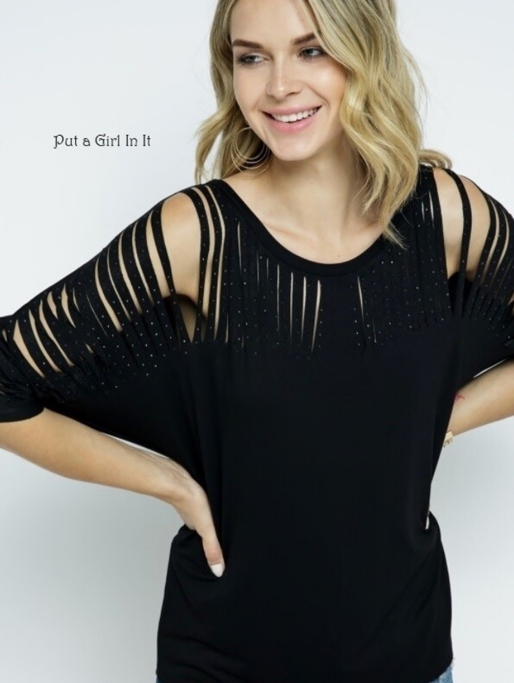 Vocal Black Short Sleeve Top with Cutout & Rhinestone Detail
